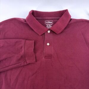 LL Bean Mens Long Sleeve Polo Shirt Burgundy Cotton Size XL TALL‎